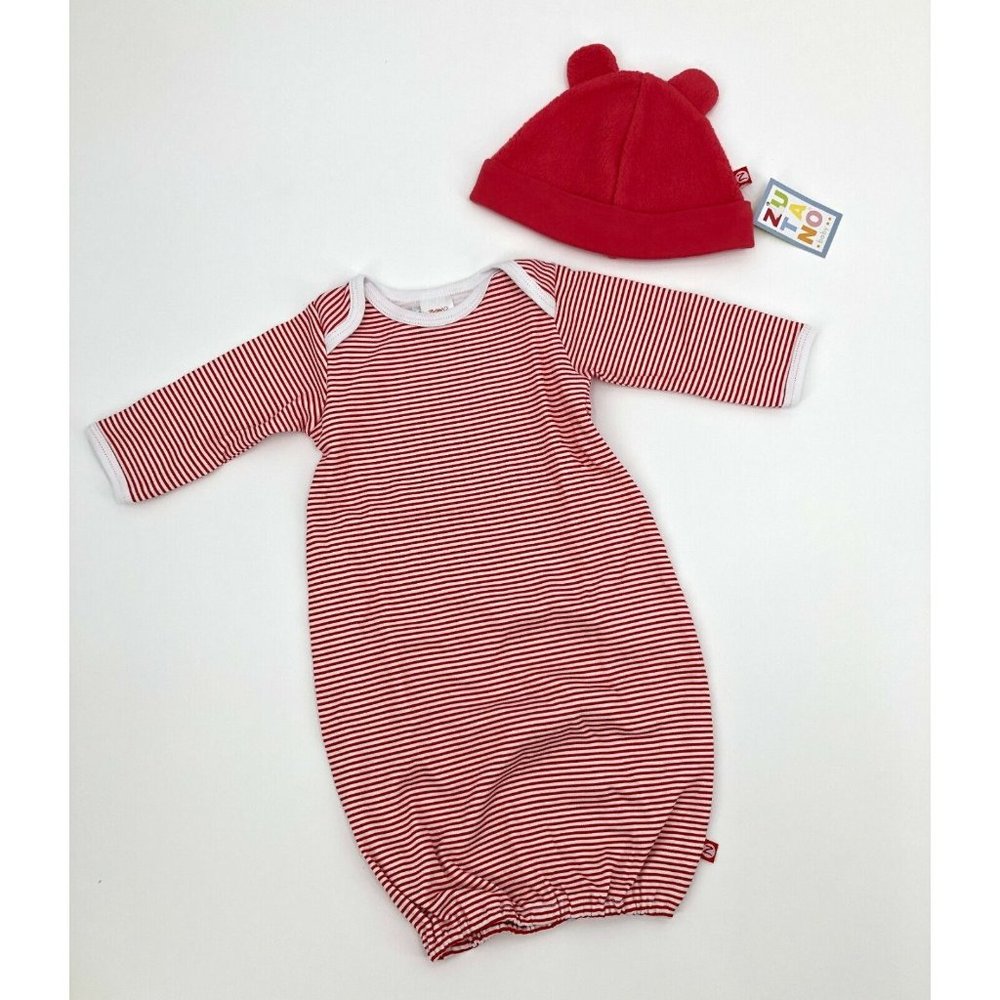 Zutano Itzy Bitzy 100% Cotton Red White Stripes Long Sleeve Gown + Hat 3 MOS